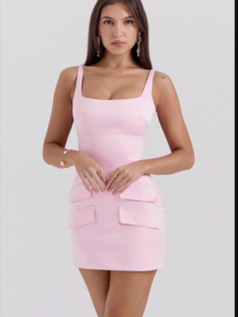 House of CB Pastel Pink Square Neck Mini Dress with Flap Pockets